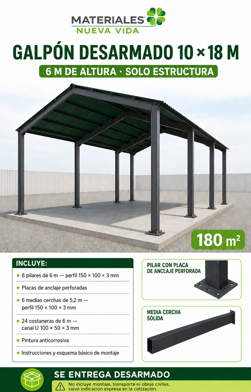 Galpon Prefabricado 10 x 18 Solo estructura (180 mts²)