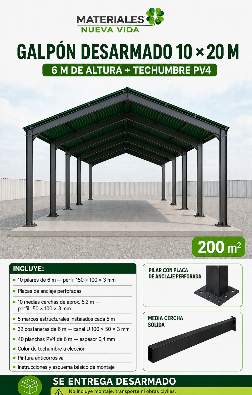 Galpon Prefabricado 10 x 20 + Techumbre (200 mts²)