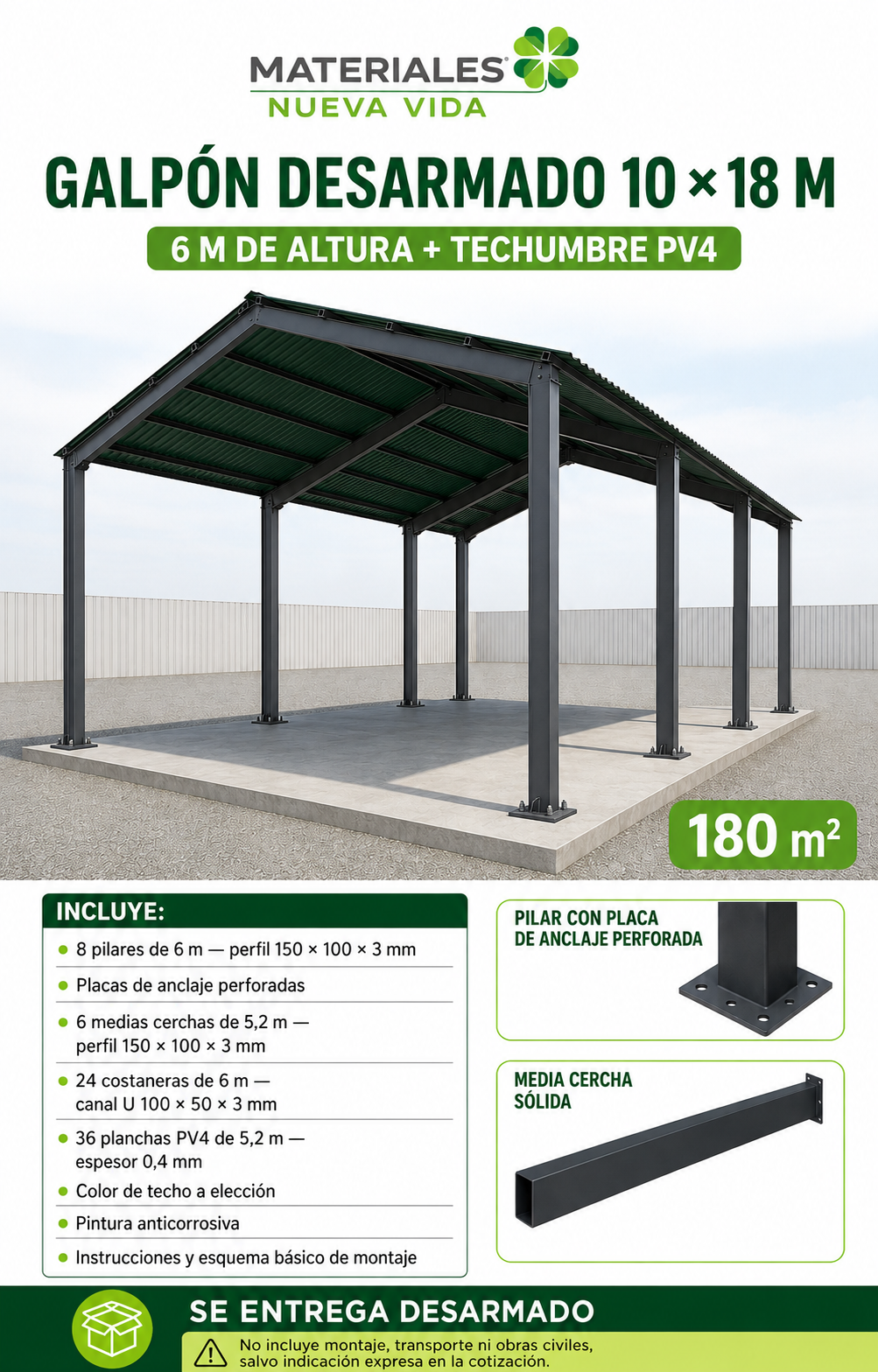 Galpon Prefabricado 10 x 18 Incluye techumbre (180 mts²)